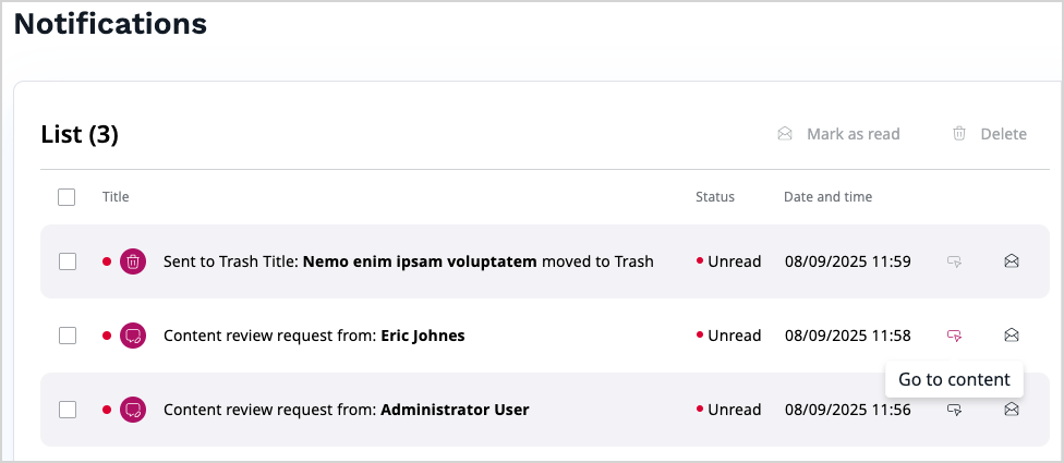 A searchable notifications list